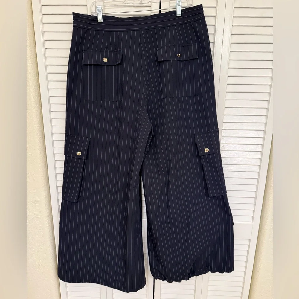 Cynthia Rowley Blue Pinstripe Cargo Dress Pants with Gold Details - Picture 3 of 6
